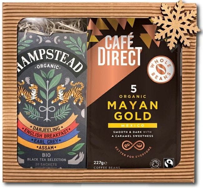 Cafédirect Darčekový balíček Mayan Gold zrnková káva 227 g a selekcia čiernych čajov 20 ks